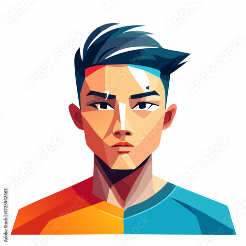Modern vector illustration of a young Asian man with a stylish haircut. A contemporary, graphic portrait created in a low-poly, geometric art style on a white background