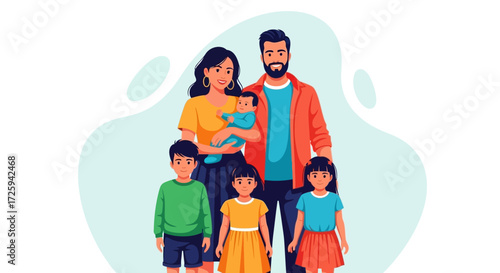 Happy Diverse Family with Parents and Four Children Posing Together Smiling Warmly Against a Light Blue Background