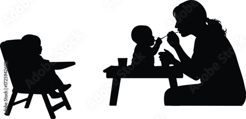 Family, mealtime, silhouette, adult, children, feeding, bonding, parenting, nurturing, table, spoon, high chair, love, care, interaction