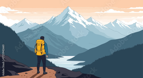 A Lone Hiker Surveys a Vast Mountain Landscape With Snow Capped Peaks And A Winding River Below