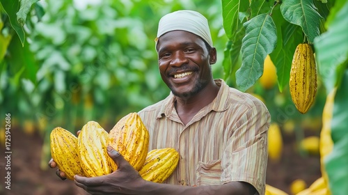 Farmer joyfully gathering cacao pods in a lush plantation under bright sunlight
