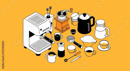 Collection of Espresso Making Tools and Coffee Brewing Equipment Arranged in a Creative Manner