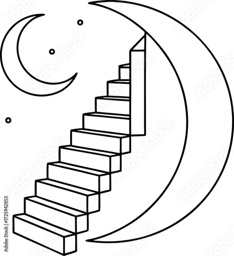 staircase spiraling around crescent moon illustration on transparent background