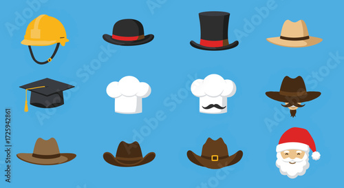 Collection of Diverse Headwear Icons Featuring Various Styles and Professions
