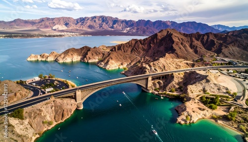 Scenic highway bridge over a turquoise lake nestled between rugged mountains