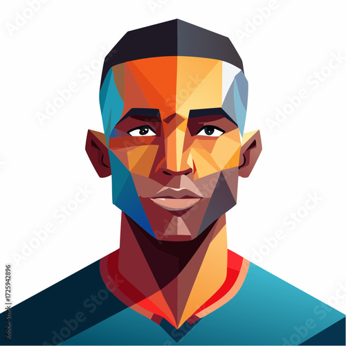 Vibrant and modern faceted portrait of a confident man, showcasing a bold expression with geometric low-poly artistry