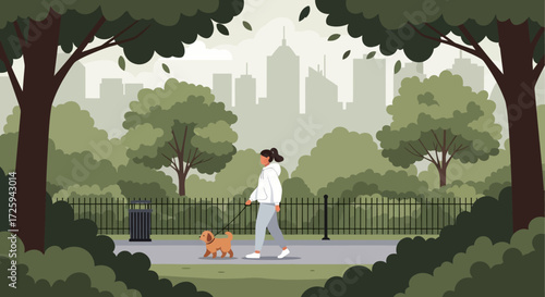 A Woman Walking Her Dog in a Serene City Park Surrounded by Lush Green Trees and Buildings in the Background