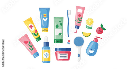 A Collection of Colorful Skincare and Oral Hygiene Products Arranged Artistically