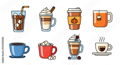 Collection of Eight Different Hot and Cold Beverages Displayed in Various Cups and Glasses Perfect for Autumn or Cozy Moments
