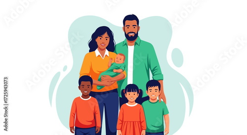 A Diverse Family of Five Enjoying a Moment Together Smiling Warmly Against a Soft Background