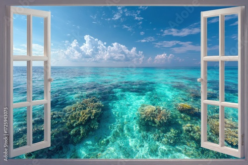 Open window view of a tropical ocean with coral reefs and blue sky
