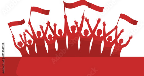 Unity, protest, celebration, crowd, red silhouette, waving flags, social movement, activism, rally, demonstration, people power, group action, solidarity, 