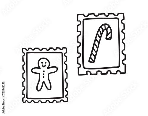 two postage stamps with gingerbread man and candy cane. monochrome line art, monochrome line art, clean outline, hand drawn, monochrome line art doodle hand drawn cartoon icon element