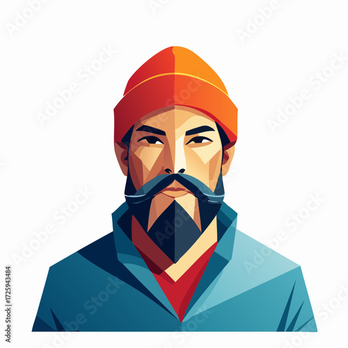 Modern geometric illustration of a rugged and handsome man with a beard and beanie. Concept portrait of a modern adventurer or sailor