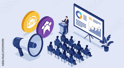 Business Presentation Meeting with Audience and Financial Charts Displayed on a Large Screen Promoting Economic Growth and Development