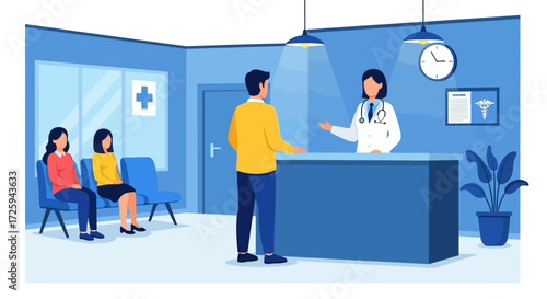 Modern Medical Clinic Reception Area With Patients Waiting To See Doctor For Appointment