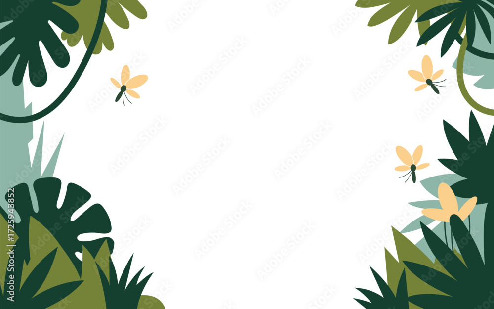 Fototapeta premium Tropical Jungle Leaf Border with Fireflies.