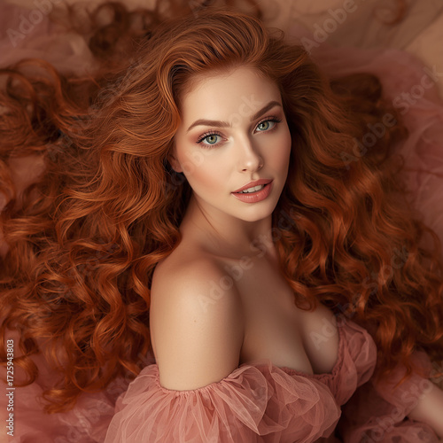 A beautiful woman with long, vibrant orange-red curls wearing an elegant flowing dress 