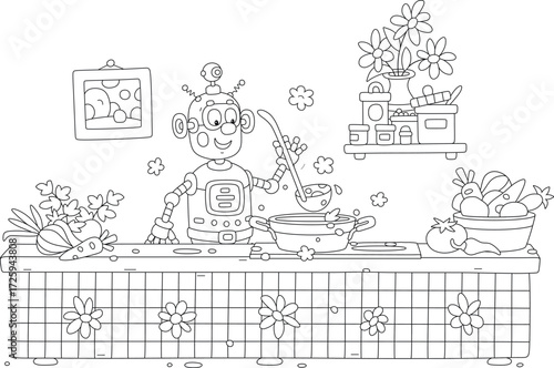Funny toy robot cooking an original tasty soup with fresh vegetables and spices in a cozy home kitchen, black and white vector cartoon illustration for a coloring book