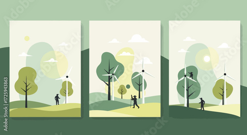 Sustainable energy development and green technology landscape with wind turbines and people engaged in nature preservation activities