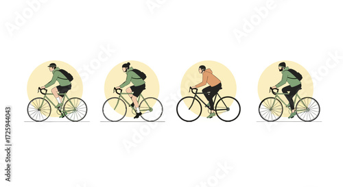 Illustrations of Cyclists Riding Bicycles in Various Poses and Outfits During Daytime Outdoor Activities Representing Different Cycling Styles and Gear Choices