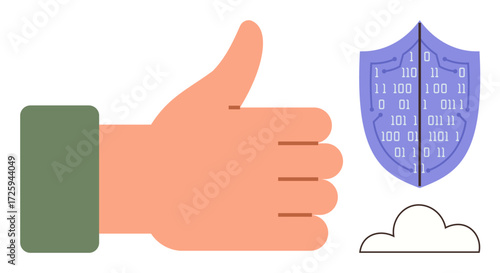 Hand giving thumbs-up beside shield with binary code and cloud element. Ideal for cybersecurity, approval, protection, data safety, digital trust, online validation, simple flat metaphor