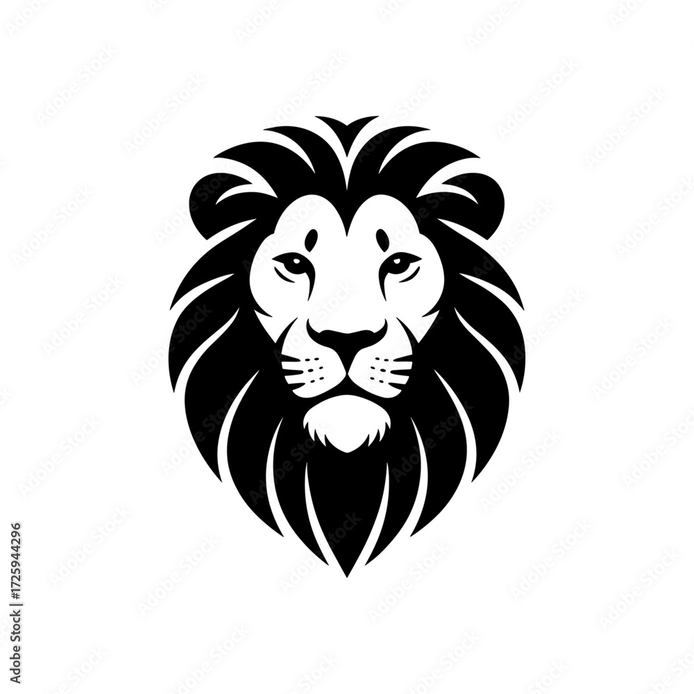 Obraz premium Vector lion silhouette logo, a stylish isolated king of the jangle lion head with flowing mane, a minimalist and diametric lion design on white background for logo, branding, and Illustration