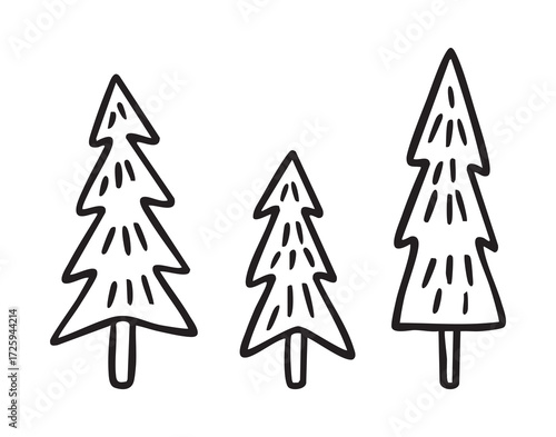 Three forest trees naive style, monochrome line art doodle hand drawn cartoon icon element