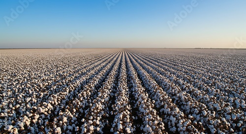 Cotton Field Landscape Vast rows of fluffy cotton stretch towards the horizon under a clear blue sky. a testament to nature's bounty and the labor of cultivation