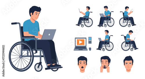 Illustrations of a young man in a wheelchair working on his laptop and various facial expressions and technological elements