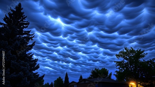 Stunning Undulatus Cloudscape at Dusk Over Trees and Houses