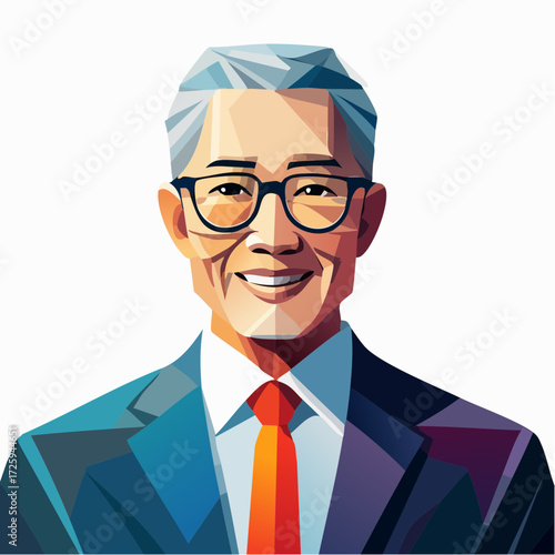 Modern geometric portrait of a smiling senior Asian businessman, a concept of corporate leadership, wisdom, and success