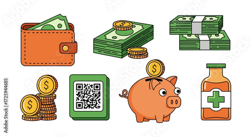 Collection of Financial Icons Representing Money Savings Payments and Investments for Business and Personal Finance