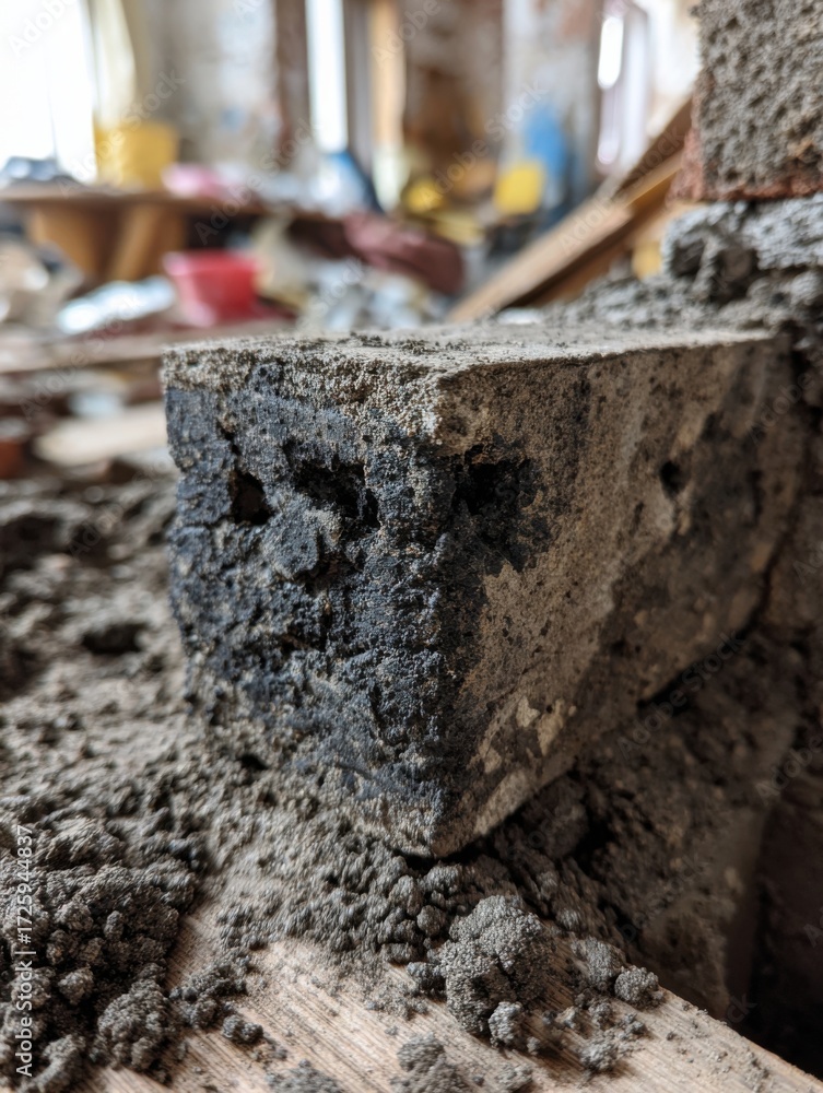 Naklejka premium Close-up of Concrete Brick Covered in Dust Amidst Construction Debris in an Urban Renovation Site During Daylight Hours
