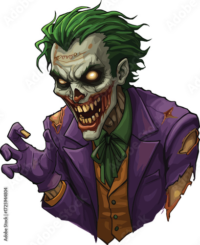 Zombie Joker character illustration, horror comic villain, creepy undead design, stylized monster pose, scary expression, tattered costume, isolated, bold, graphic, eerie