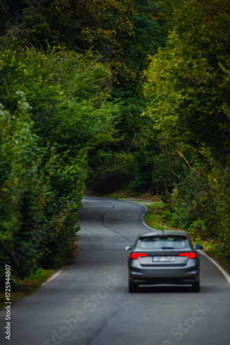 A grey car driving away on a winding forest road surrounded by dense green and yellowing trees. The motion blur and focus on the taillights capture a quiet travel moment in early autumn.