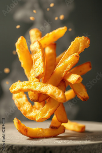 Towering stack of thick golden fries rises from a white plate, with crispy edges and salt specks catching warm light. Levitating