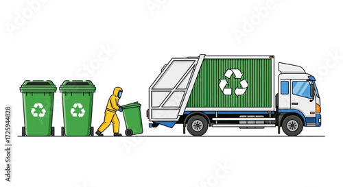 A sanitation worker in a protective suit collects green recycling bins and loads them into a truck with a recycling symbol indicating sustainable waste management practices