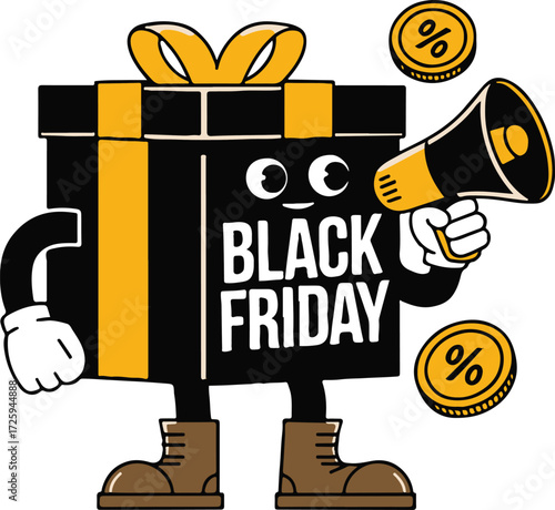 Black friday sale concept with gift box character isolated on white background