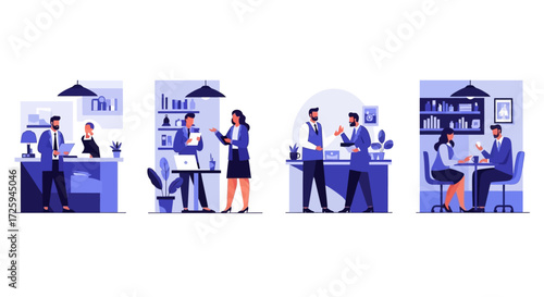 Illustrations of Business People Working Collaborating and Meeting in Modern Office Environments