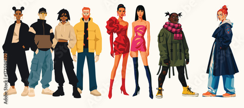 Trendy fashion illustration set featuring diverse stylish characters in modern outfits. Includes streetwear looks with hoodies, cargo pants, oversized jackets, and sneakers