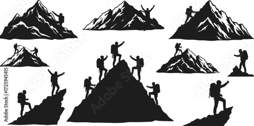 Mountain, climbing, silhouette, adventure, success, peak, achievement, backpack, summit, hike, gear, outdoor, perseverance, challenge, goal