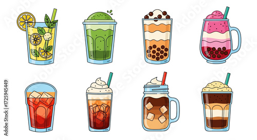 Collection of refreshing iced beverages perfect for a hot summer day offering a delightful array of flavors and textures