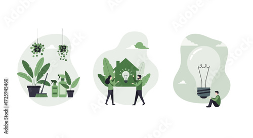 Illustrations depicting environmental sustainability and green energy concepts