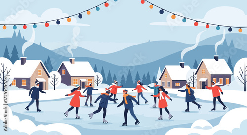 Enjoying a Festive Winter Ice Skating Scene with Friends and Family in a Cozy Village Setting During the Holiday Season with Twinkling Lights