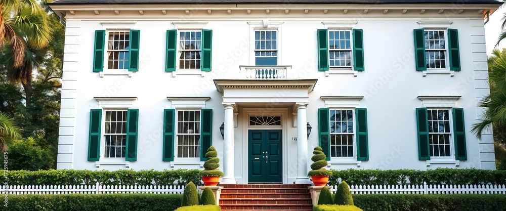 Fototapeta premium Classic white colonial facade, symmetrical windows, green shutters, pillared entryway, dormers, columns