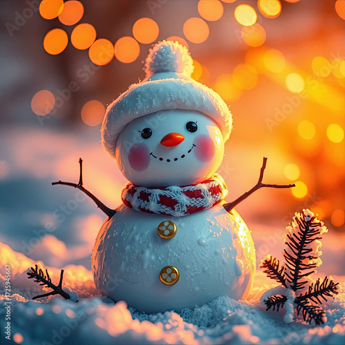 Happy snowman with rosy cheeks, carrot nose, and stick arms sits on snowy ground, illuminated by warm golden bokeh lights and cool blue snow, creating a cozy winter holiday scene