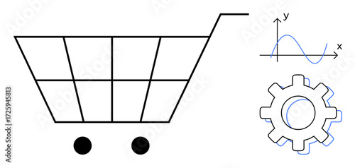Shopping cart with two wheels, gear, and graph symbolizing commerce, data analysis, business development, and efficiency. Ideal for e-commerce, innovation, planning strategy market study simple