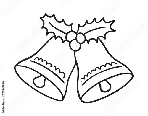 two bells with holly berries. monochrome line art, monochrome line art, clean outline, hand drawn, monochrome line art doodle hand drawn cartoon icon element