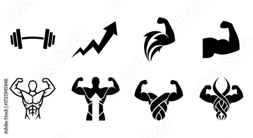 Bodybuilding Icons Showcase, Fitness Environment, Graphic Illustrations, Motivational Concept